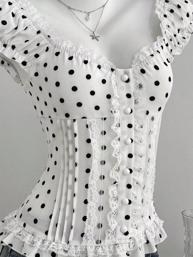 Polka Dot Lace Trim Cap Sleeve Blouse – Hazel Blues®