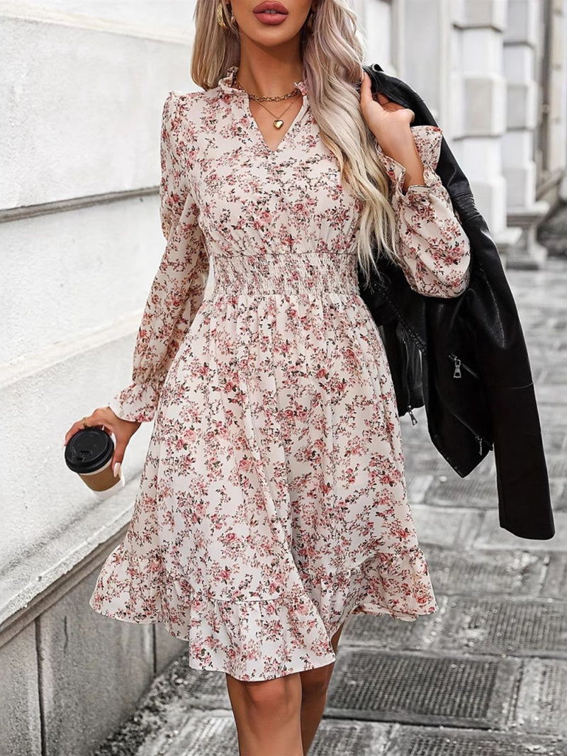 Hazel Blues® |  Ruffle Hem Floral Surplice Long Sleeve Dress