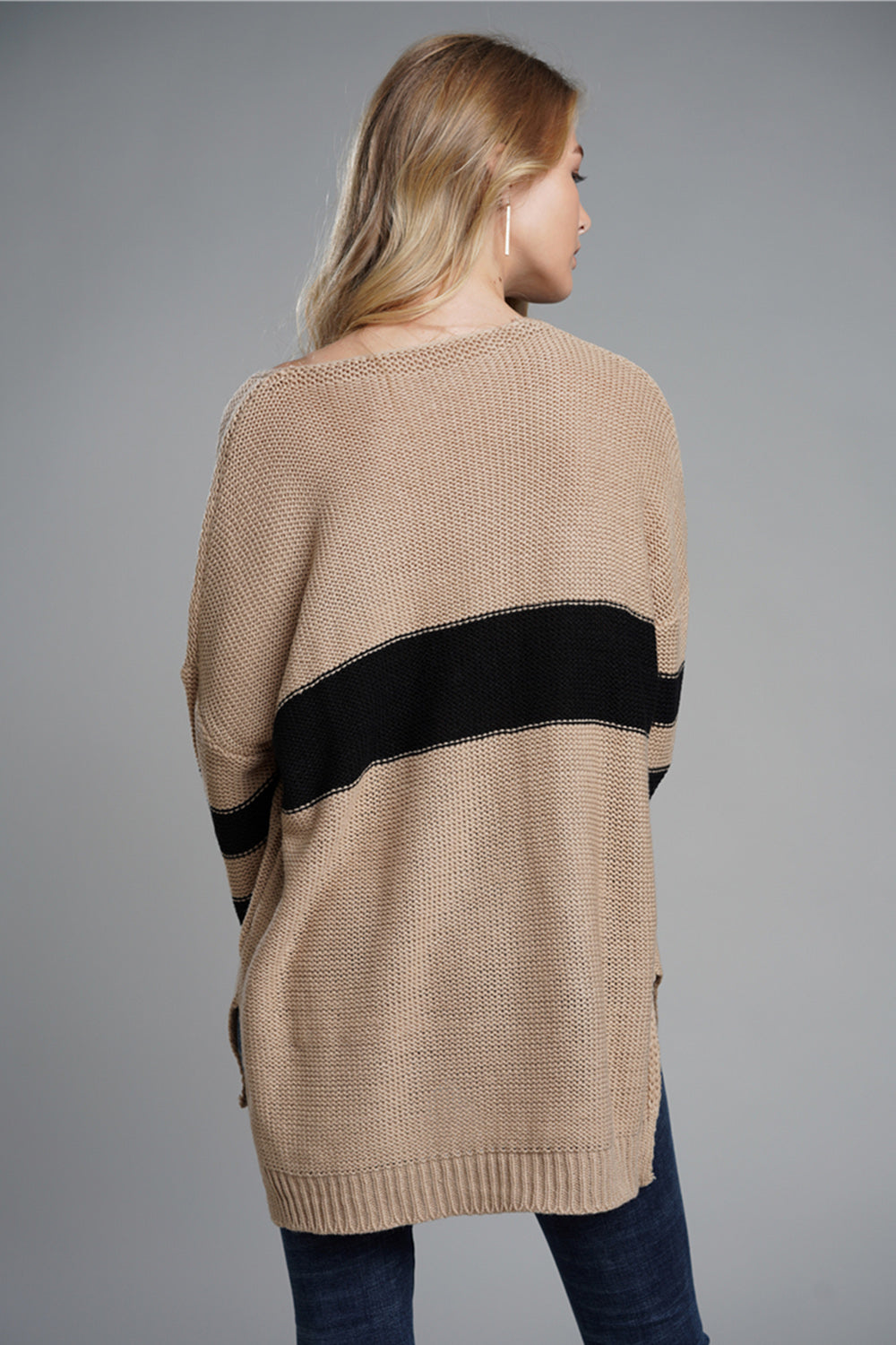 Hazel Blues® |  Slit Contrast V-Neck Long Sleeve Sweater