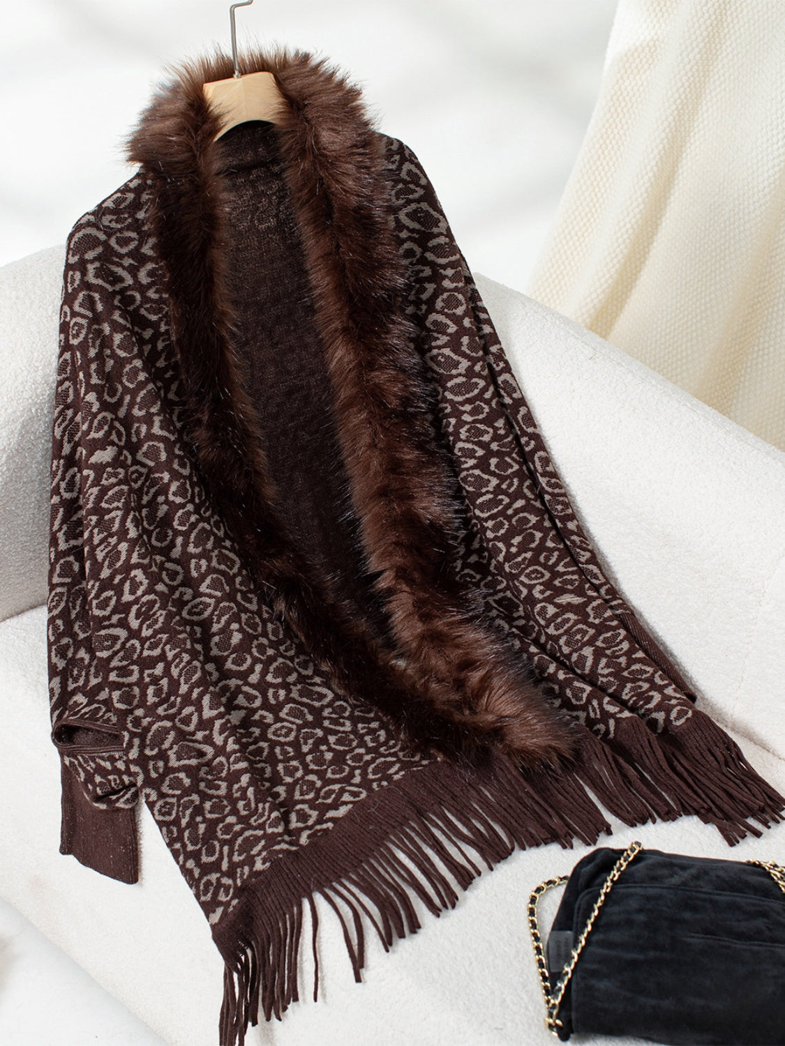 Hazel Blues® |  Fringe Leopard Open Front Long Sleeve Poncho