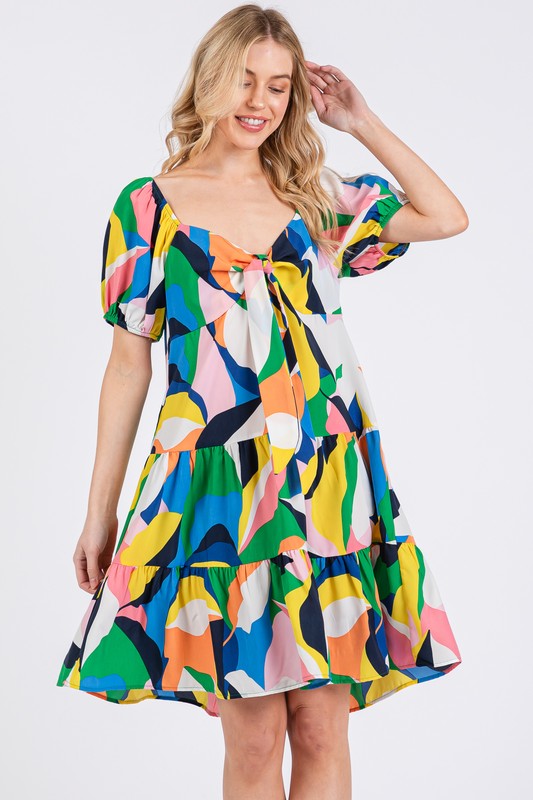 Hazel Blues® |  Ces Femme Abstract Print Sweetheart Neck Puff Sleeve Dress