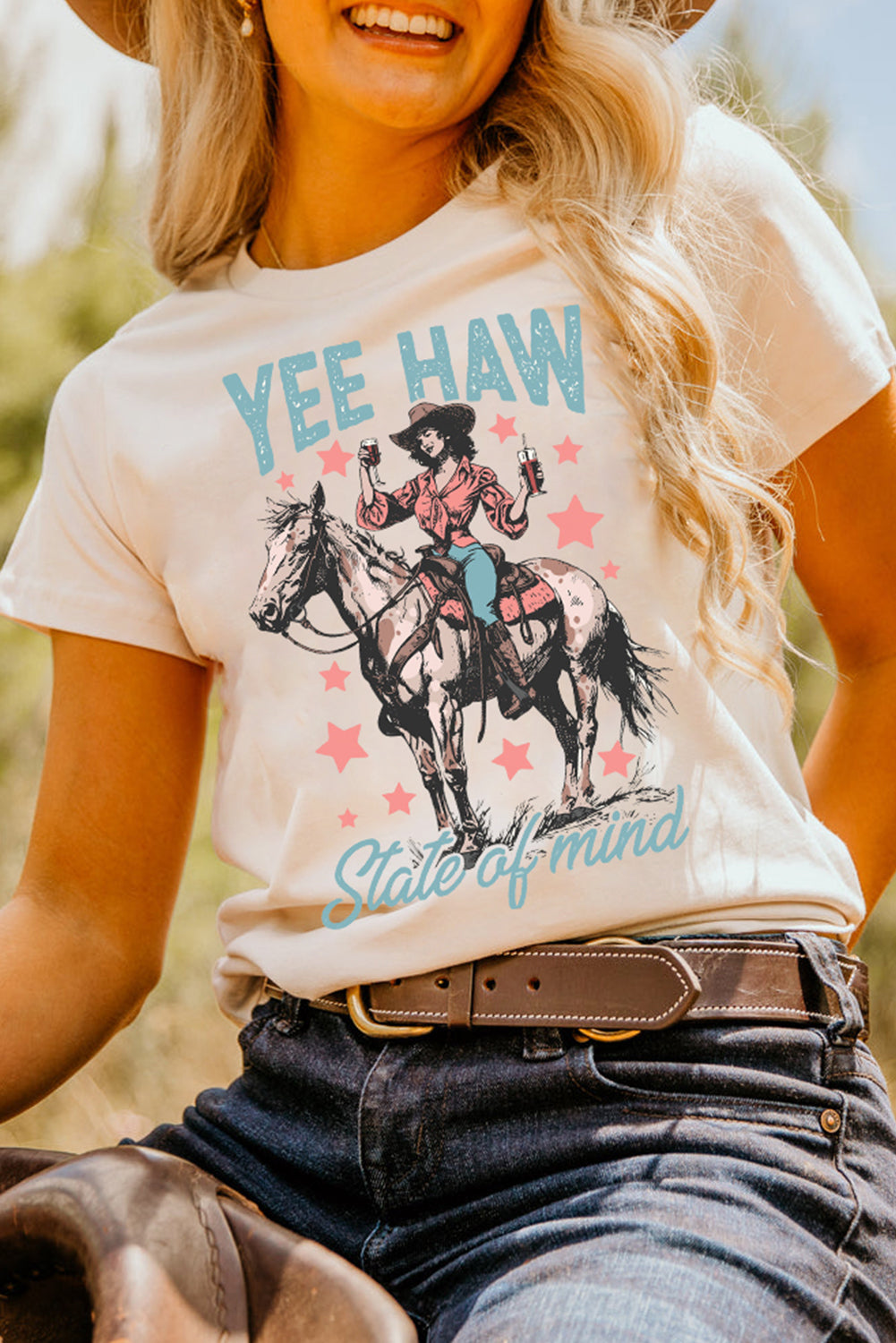 Hazel Blues® |  White YEE HAW State of mind Cowgirl Graphic Western Fashion Tee