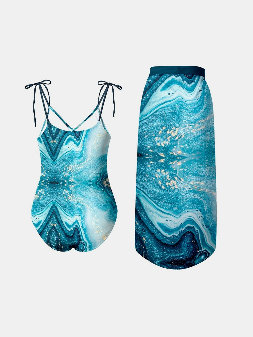 Hazel Blues® |  Printed Tie Shoulder Swimwear and Skirt Swim Set