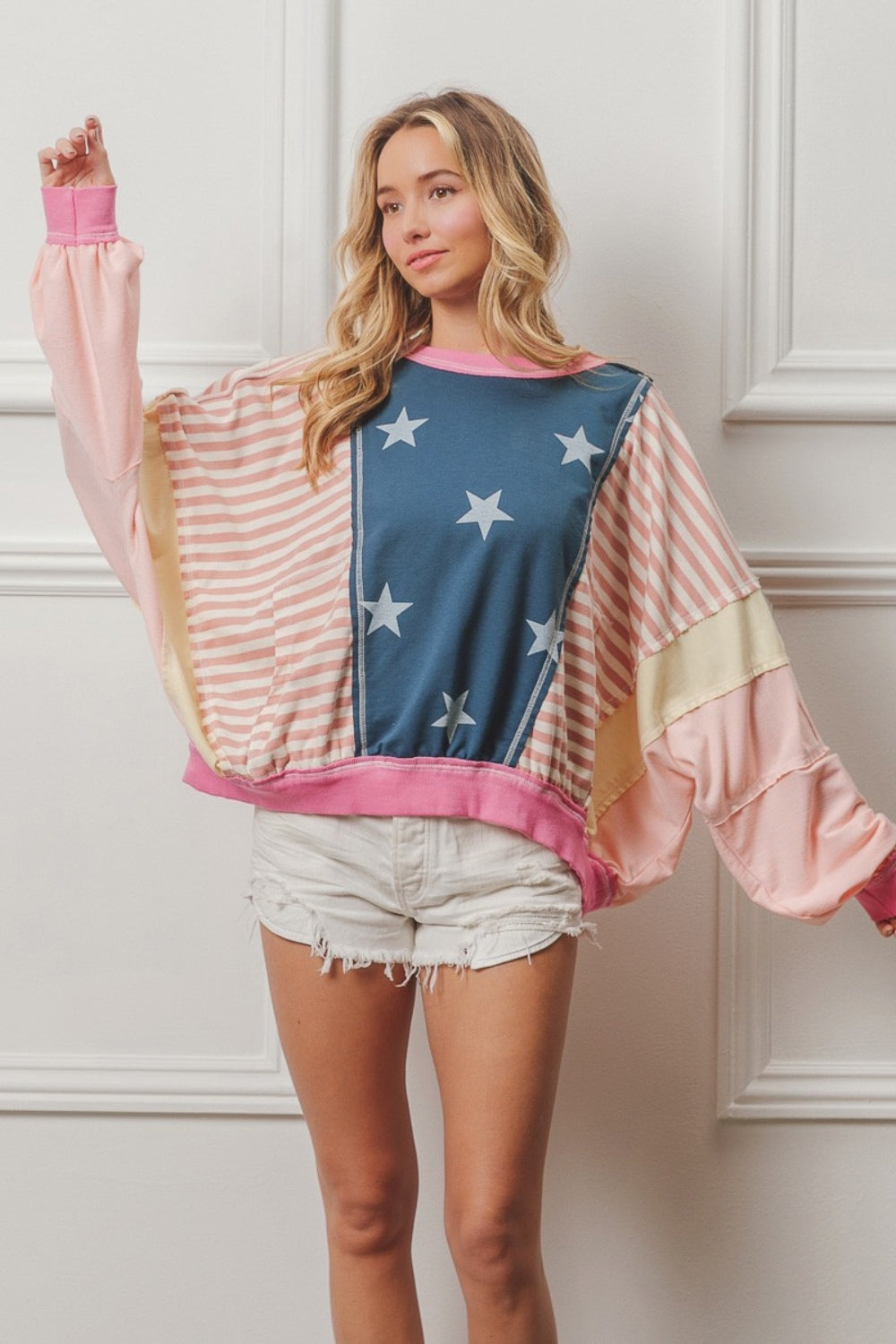 Hazel Blues® |  BiBi Stars and Stripes Round Neck Long Sleeve Top