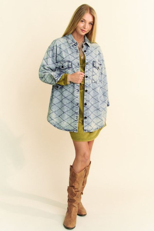 Hazel Blues® |  Davi & Dani Curved Hem Diamond Quilted Button Up Denim Shacket