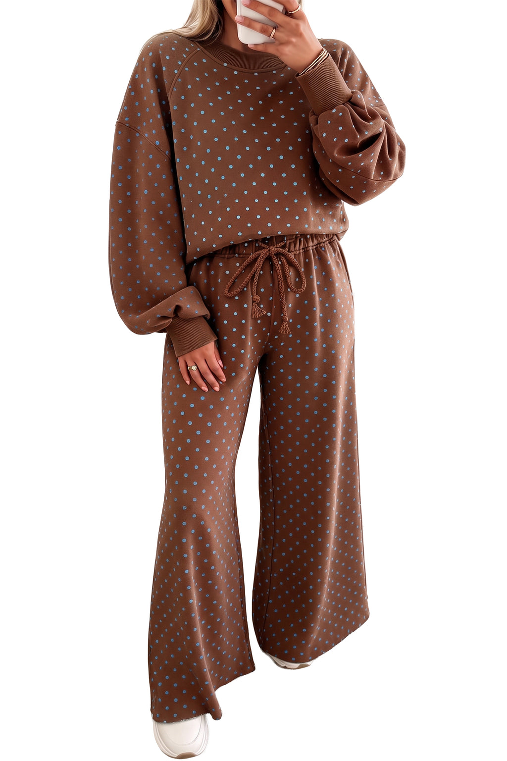 Adeline Grace Brown Polka Dot Drawstring Wide-Leg Long-Sleeve Top Pant Set