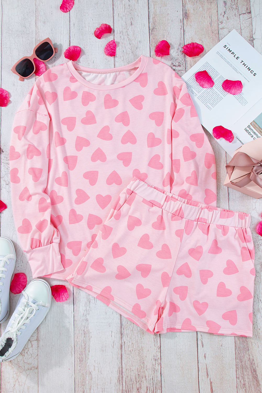 Hazel Blues® |  Heart Print Long Sleeve Top and Shorts Lounge Set