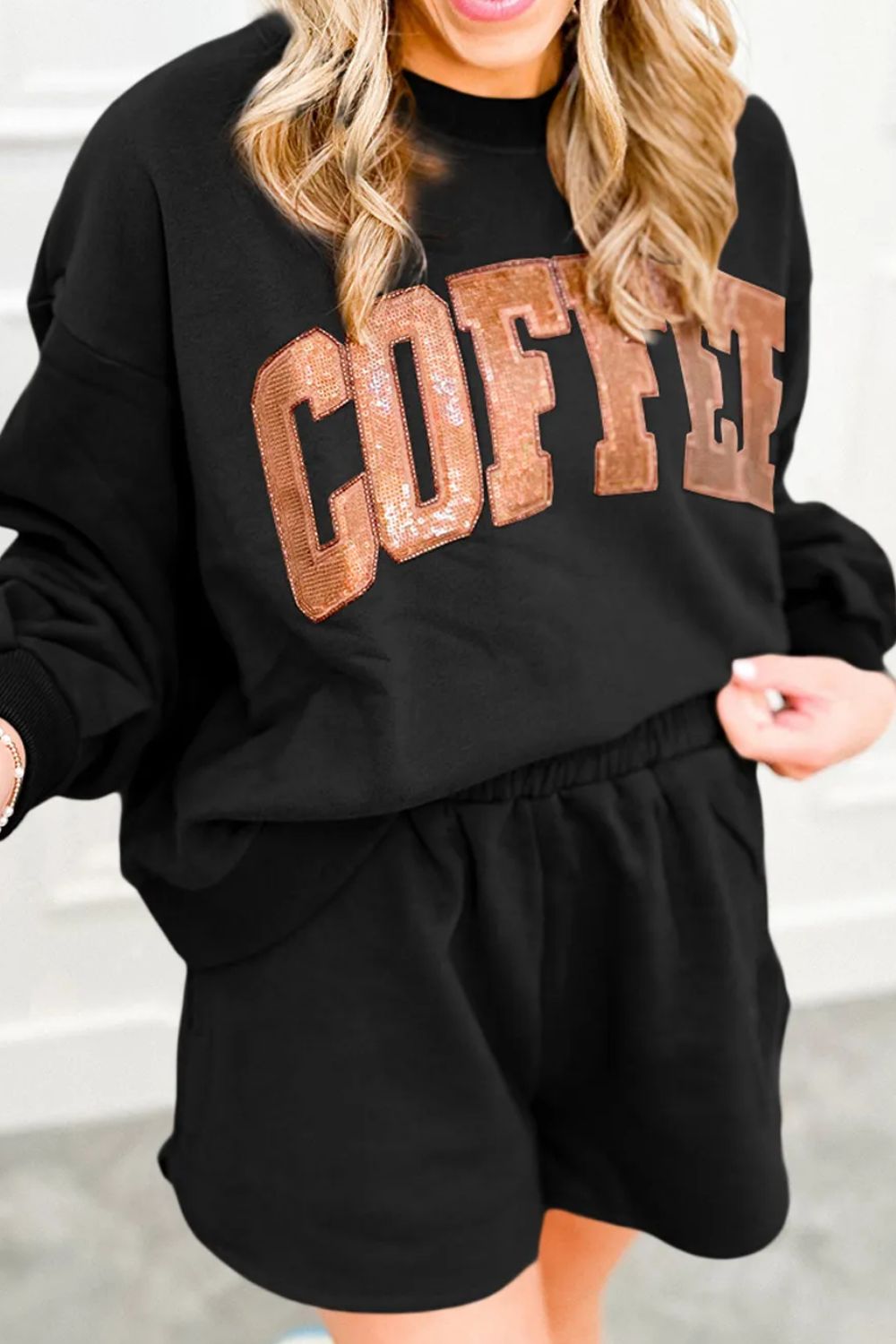 Hazel Blues® |  COFFEE Sequin Round Neck Long Sleeve Top and Shorts Set