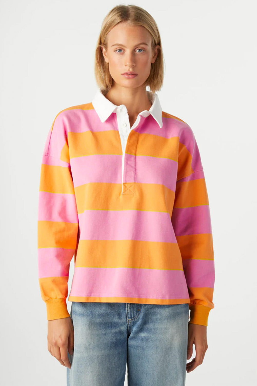 Hazel Blues® |  Contrast Striped Collared Neck Long Sleeve Sweatshirt