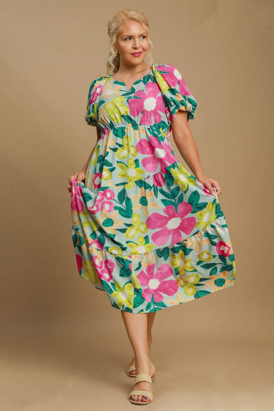 Hazel Blues | Umgee Tiered Floral Print Notched Puff Sleeve Midi Dress MINTMIX / XL Hazel Blues | Umgee Tiered Floral Print Notched Puff Sleeve Midi Dress MINTMIX / XL