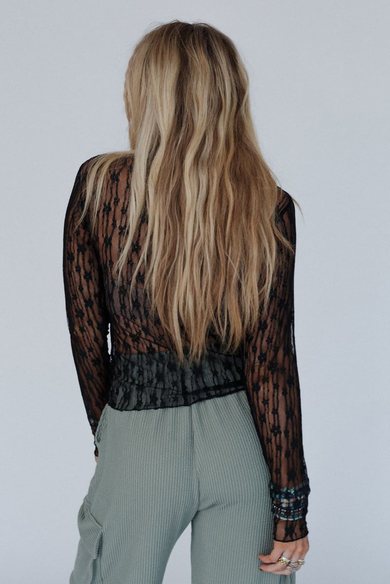 Hazel Blues® |  Ashleigh Blue Sheer Floral Lace Long Sleeve Slim Fit Top