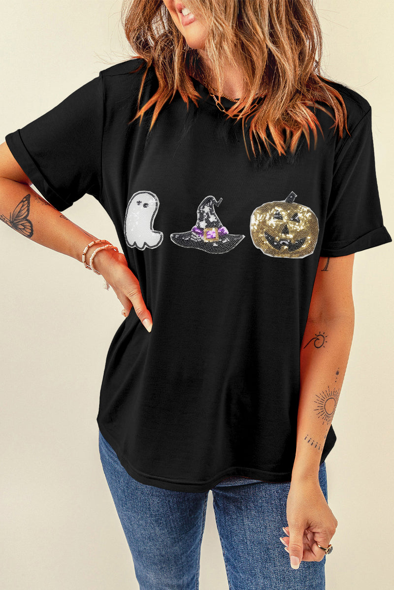 Hazel Blues® |  Black Halloween Sequin Pattern Patched Crewneck Tee