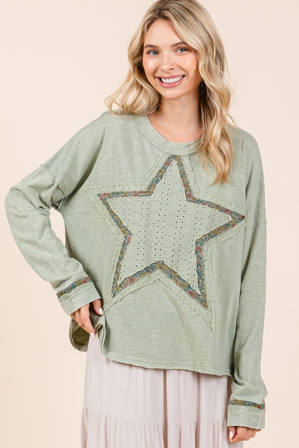 Hazel Blues® |  Mittoshop Mineral Wash Star Patch Long Sleeve T-Shirt