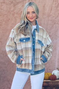 Hazel Blues® |  And The Why Washed Denim Detail Brushed Plaid Jacket