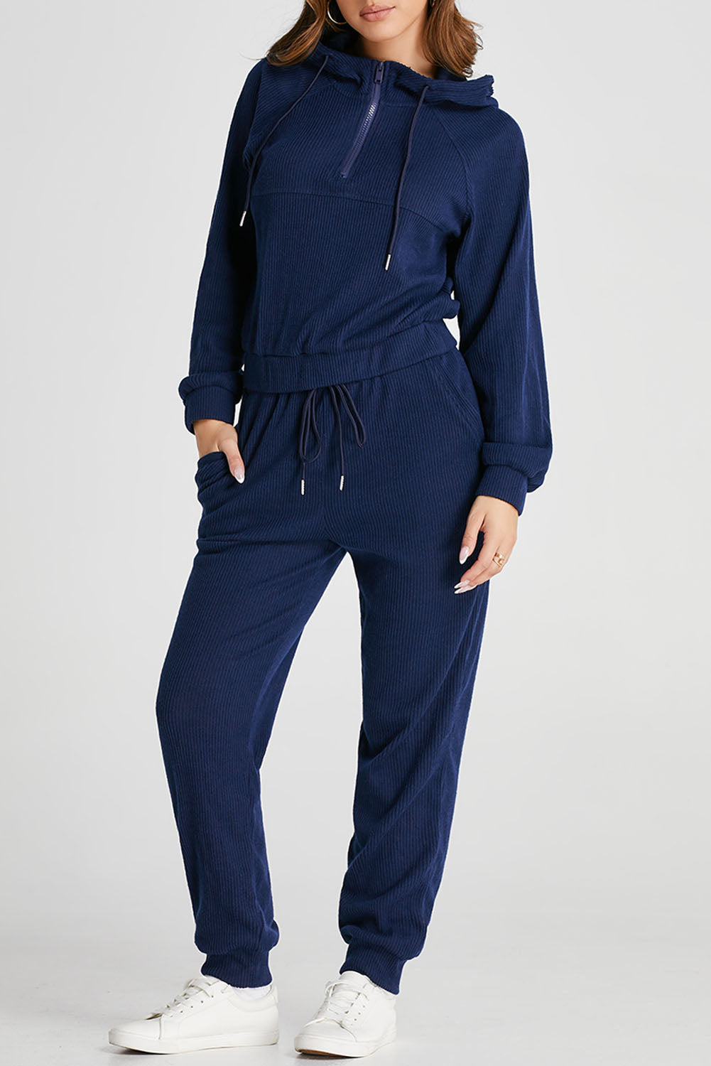 Hazel Blues® |  Navy Blue Ribbed Knit Cropped Hoodie and Drawstring Joggers Set
