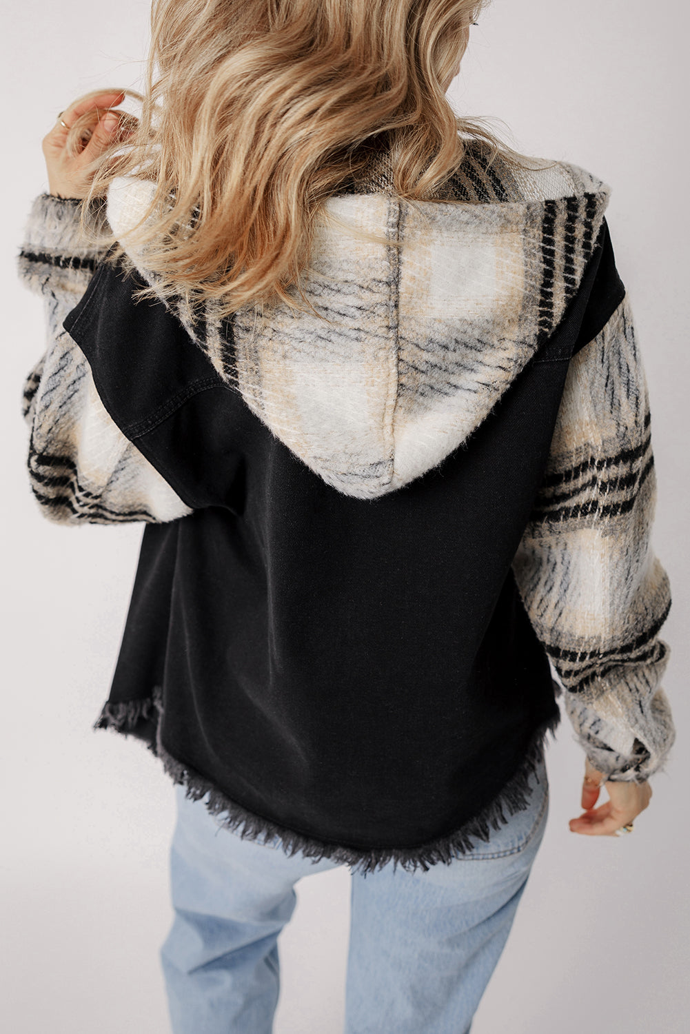 Black Plaid Sleeve Frayed-Hem Hooded Denim Jacket
