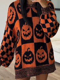 Hazel Blues® |  Exposed Seam Pumpkin Round Neck Long Sleeve Sweater