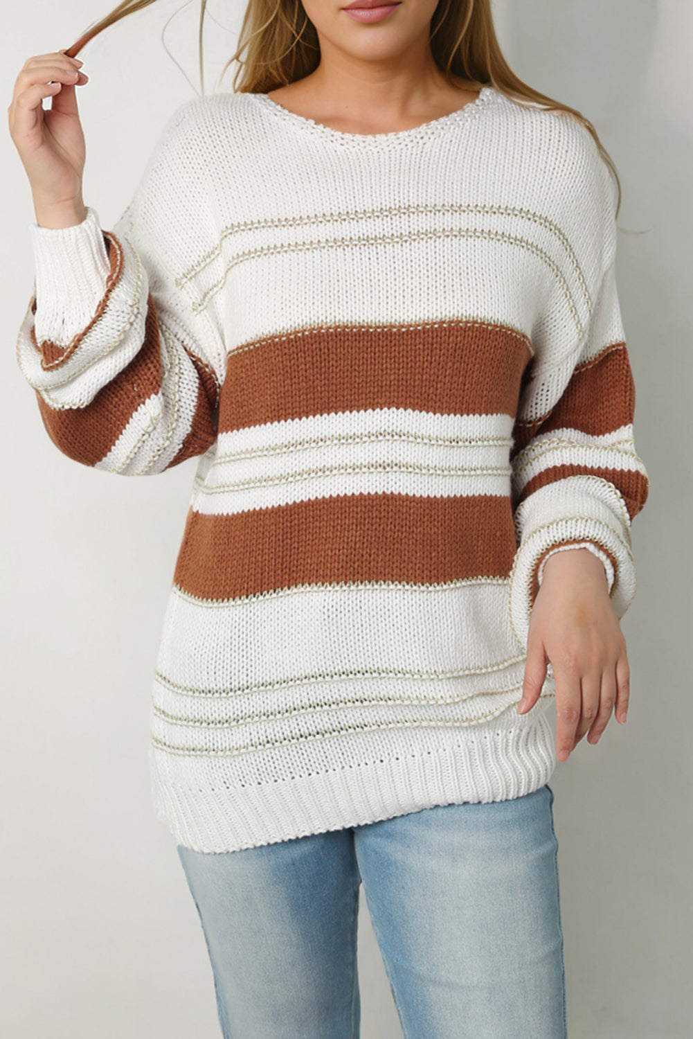 Hazel Blues® |  Striped Round Neck Dropped Shoulder Sweater