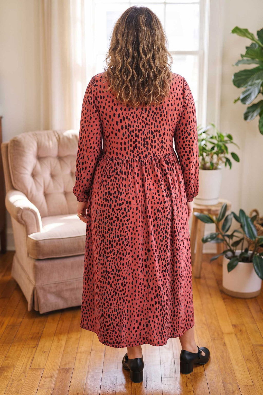 Red Leopard Print Long-Sleeve V-Neck Midi Dress