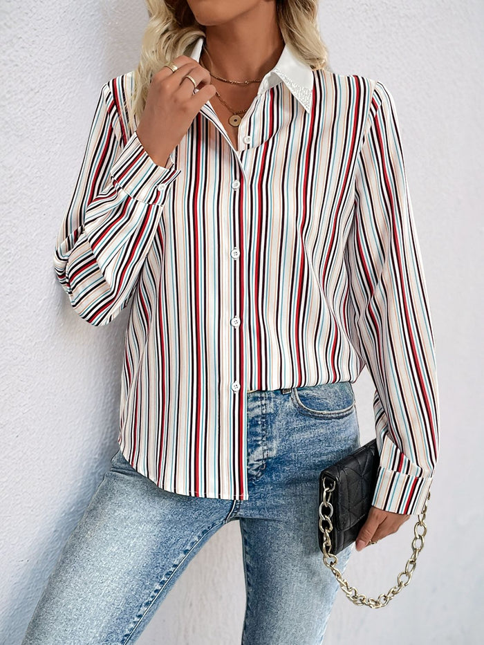 Hazel Blues® |  Perfee Contrast Striped Collared Neck Long Sleeve Shirt