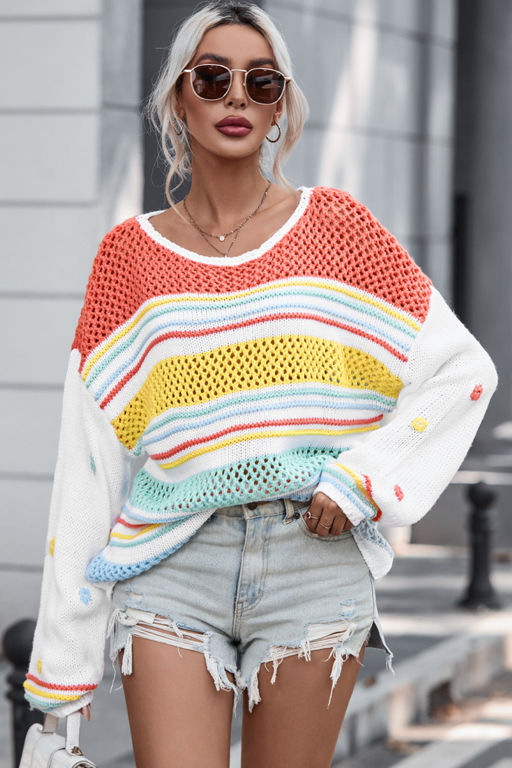 Hazel Blues® |  Hollow Striped Color Block Round Neck Sweater