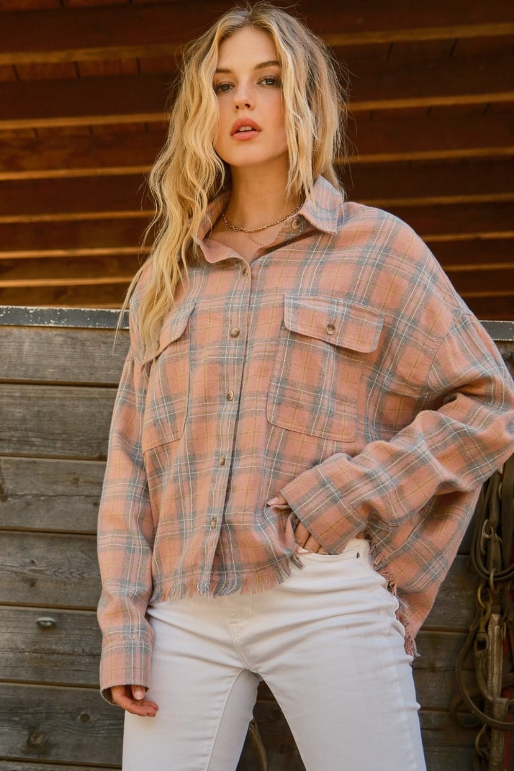 Hazel Blues® |  And The Why Plaid Button Up Raw Hem Shirt