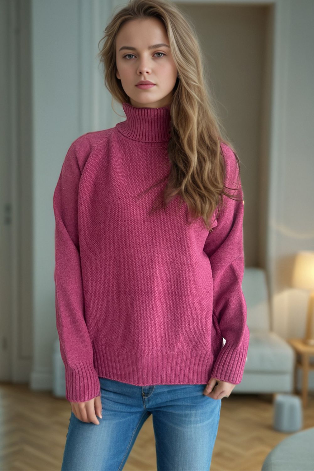 Hazel Blues® |  Ribbed Turtleneck Raglan Sleeve Sweater