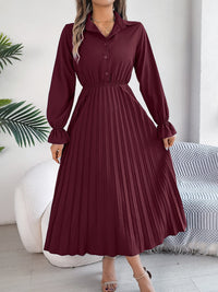 Hazel Blues® |  Pleated Half Button Long Sleeve Midi Dress