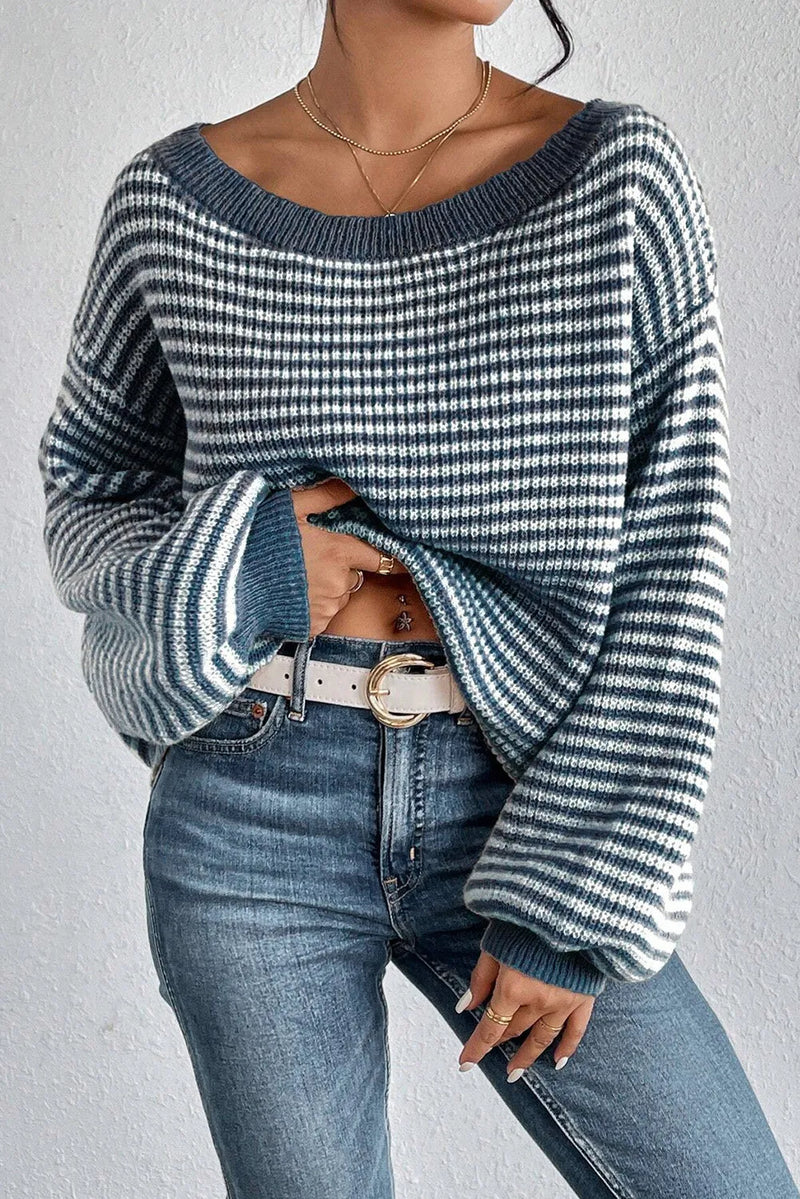 Hazel Blues® |  Striped Round Neck Dropped Shoulder Sweater