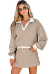 Hazel Blues® |  Parchment Raw Edge Detail Colorblock Patchwork Cropped Pullover Drawstring Skirt Set