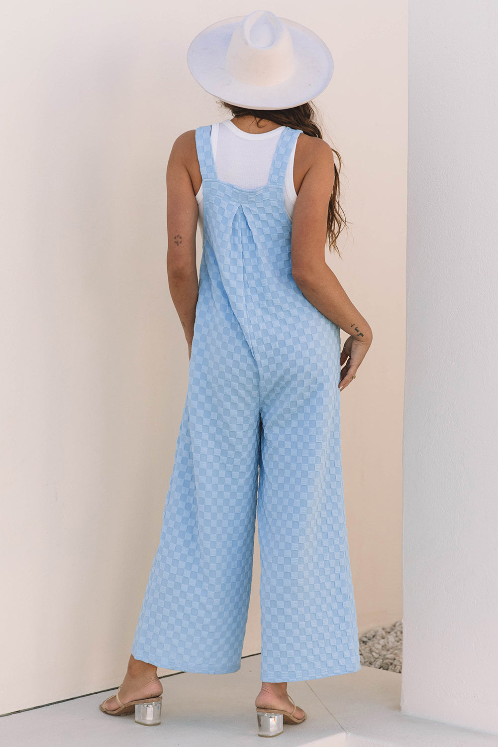 Hazel Blues® |  Beau Blue Checkered Pocketed High Waist Wide Leg Overall