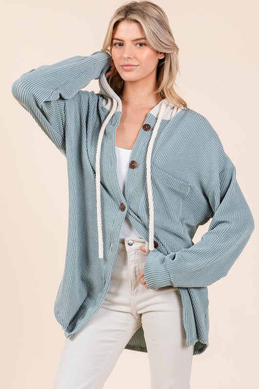 Hazel Blues® |  BOMBOM Textured Button Down Drawstring Hooded Shacket