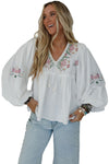 Hazel Blues® |  White Flower Lace-up V Neck Babydoll Blouse