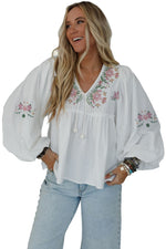 Hazel Blues® |  White Flower Lace-up V Neck Babydoll Blouse