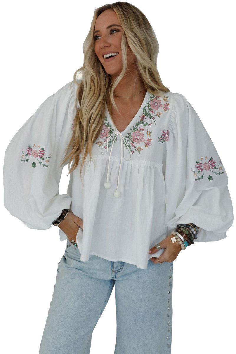 Hazel Blues® |  White Flower Lace-up V Neck Babydoll Blouse