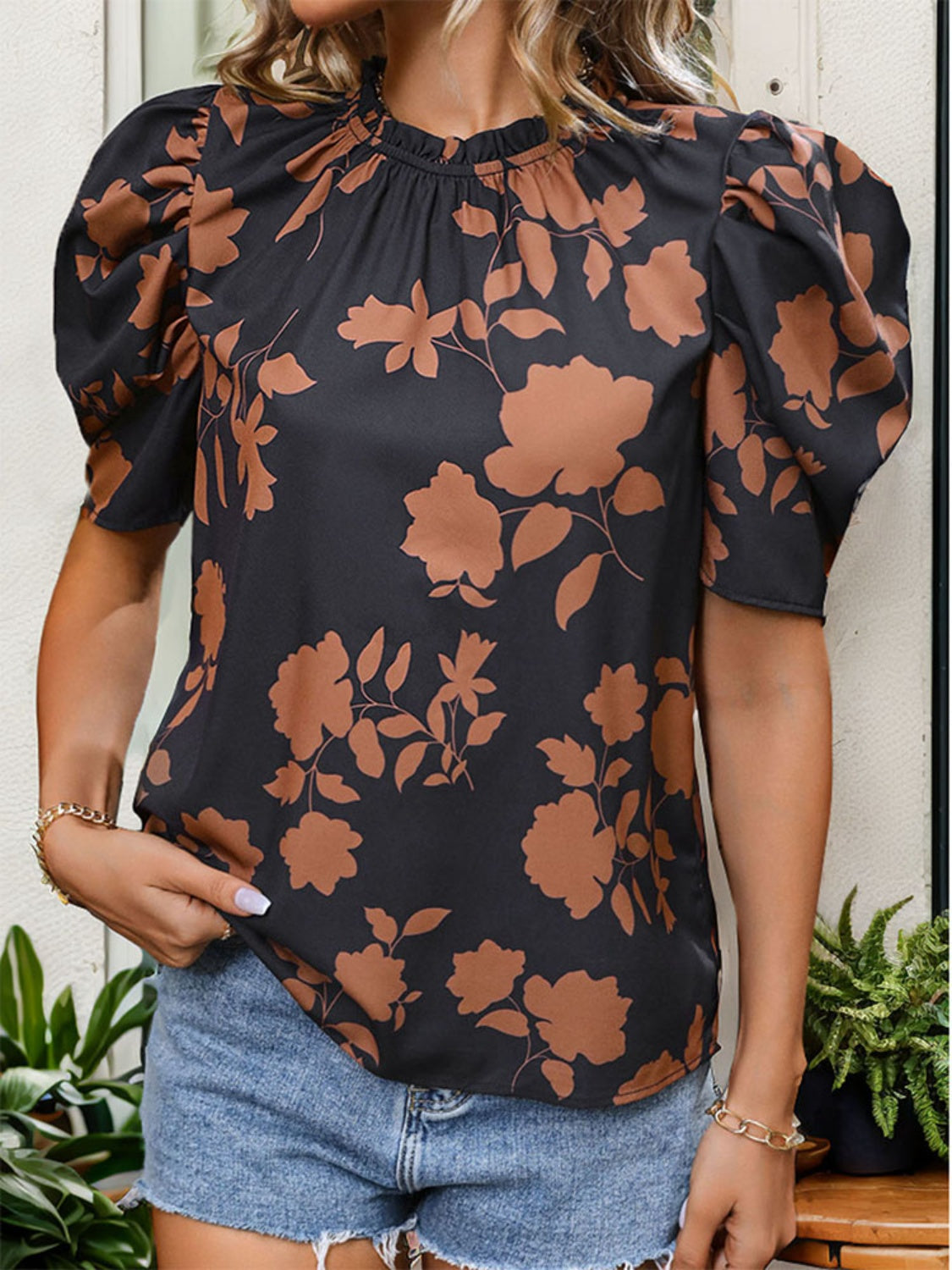 Hazel Blues® |  Frill Printed Round Neck Puff Sleeve Blouse