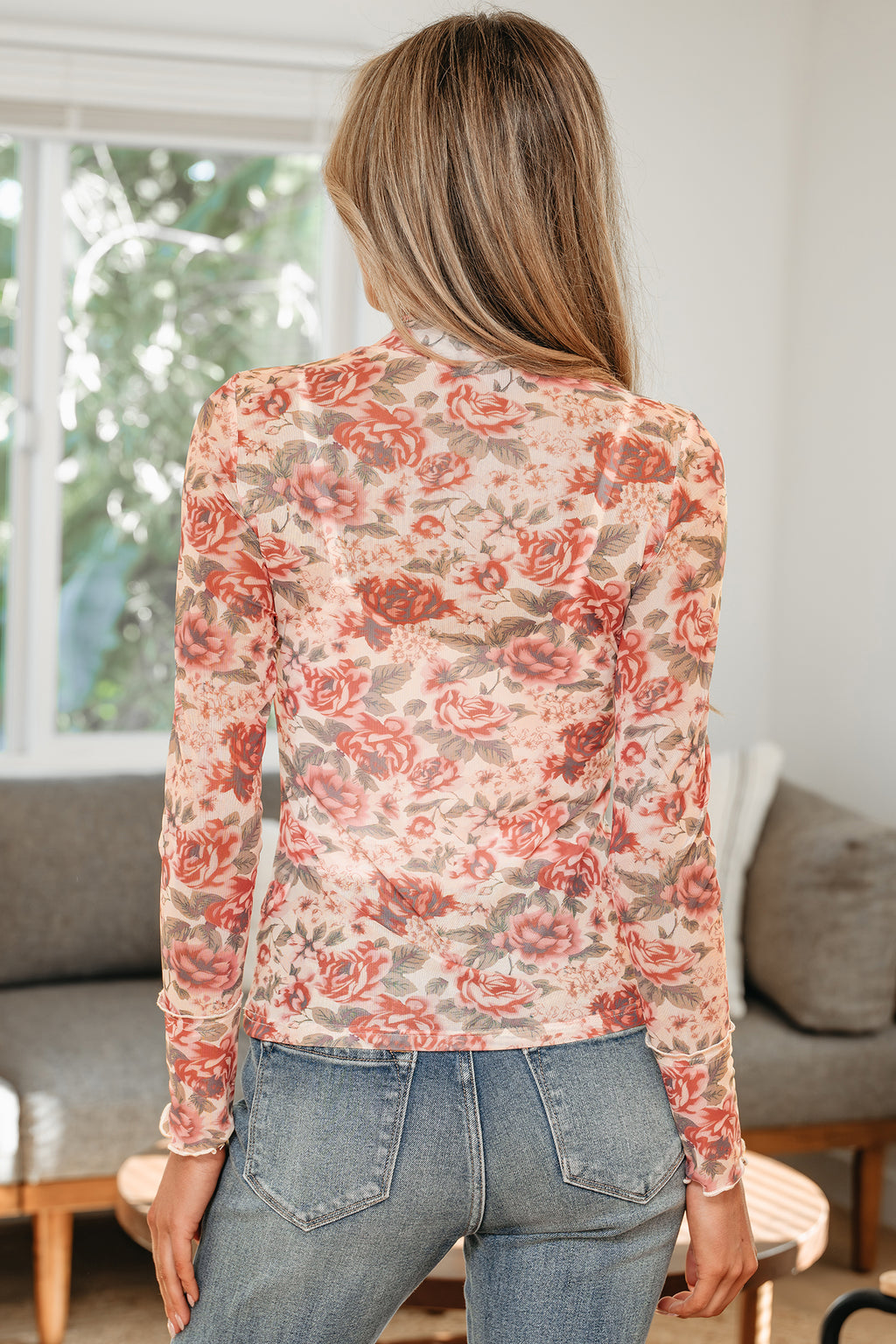 White Retro Floral-Print Mock-Neck Mesh Long-Sleeve Top