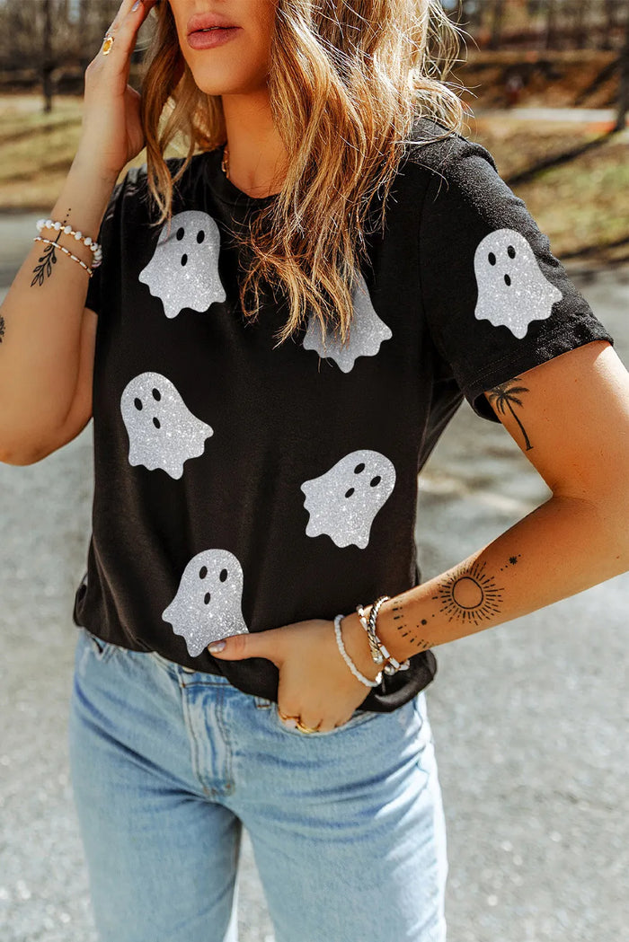 Hazel Blues® |  Glitter Ghost Round Neck Short Sleeve T-Shirt