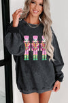 Hazel Blues® |  Black Christmas Sequined Nutcrackers Mineral Wash Corded Sweatshirt