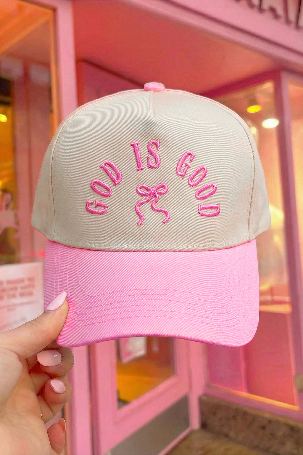 Hazel Blues® |  Pink GOD IS GOOD Embroidered Bow Color Block Baseball Cap
