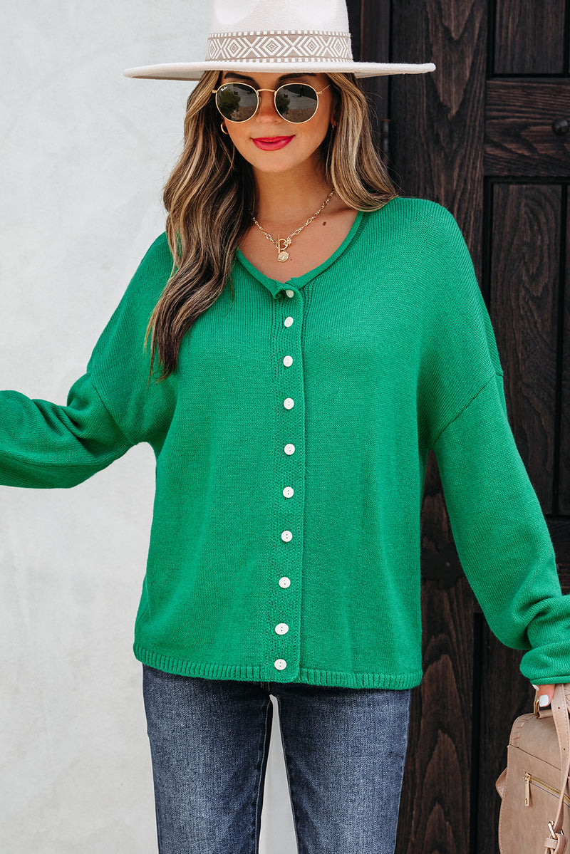 Hazel Blues® |  Bright Green Solid Color Knit Button Drop Shoulder Sweater Cardigan