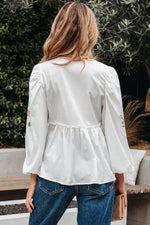 Hazel Blues® |  White Flower Lace-up V Neck Babydoll Blouse