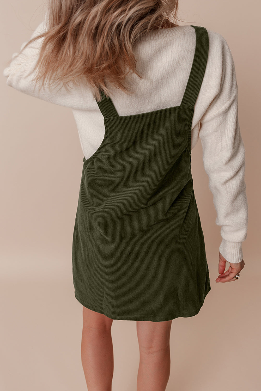 Hazel Blues® |  Vineyard Green Solid Front Pockets Sleeveless Corduroy Overall Dress