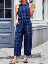 Hazel Blues® |  Lovelet Plaid Round Neck Sleeveless Top and Pants Set