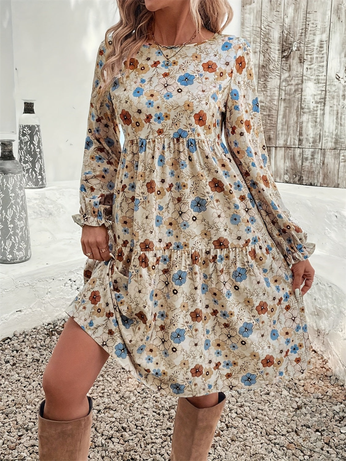 Hazel Blues® |  Ruffled Printed Round Neck Long Sleeve Dress