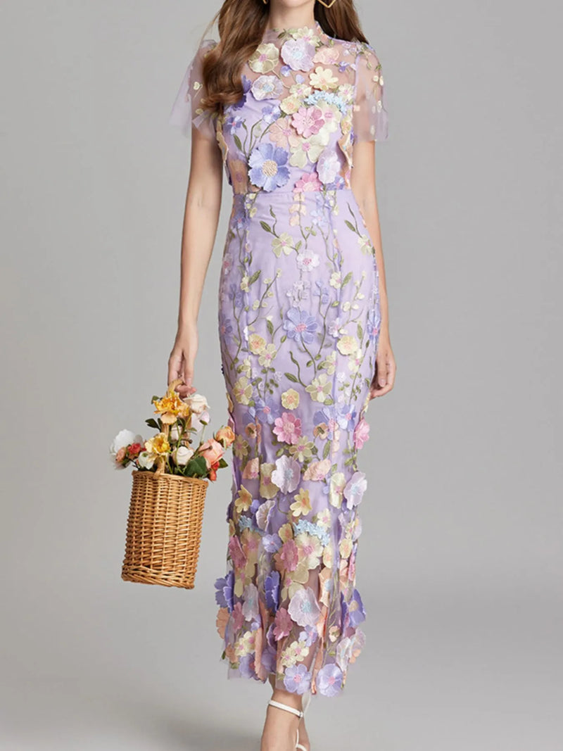 Hazel Blues® Floral Embroidered Mesh Overlay Maxi Dress