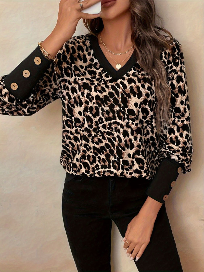 Hazel Blues® |  Decorative Button Leopard V-Neck Long Sleeve T-Shirt