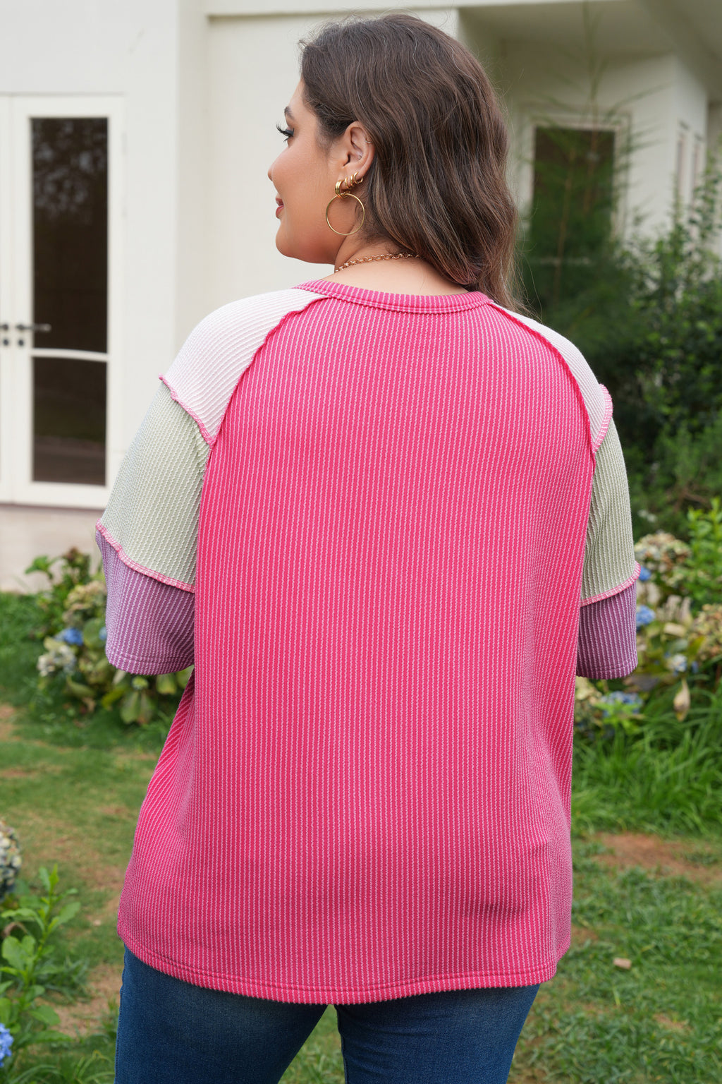 Twisted Rib Colorblock Patchwork Short Sleeve Henley Top | Patchwork Colorblock Short Sleeve Top