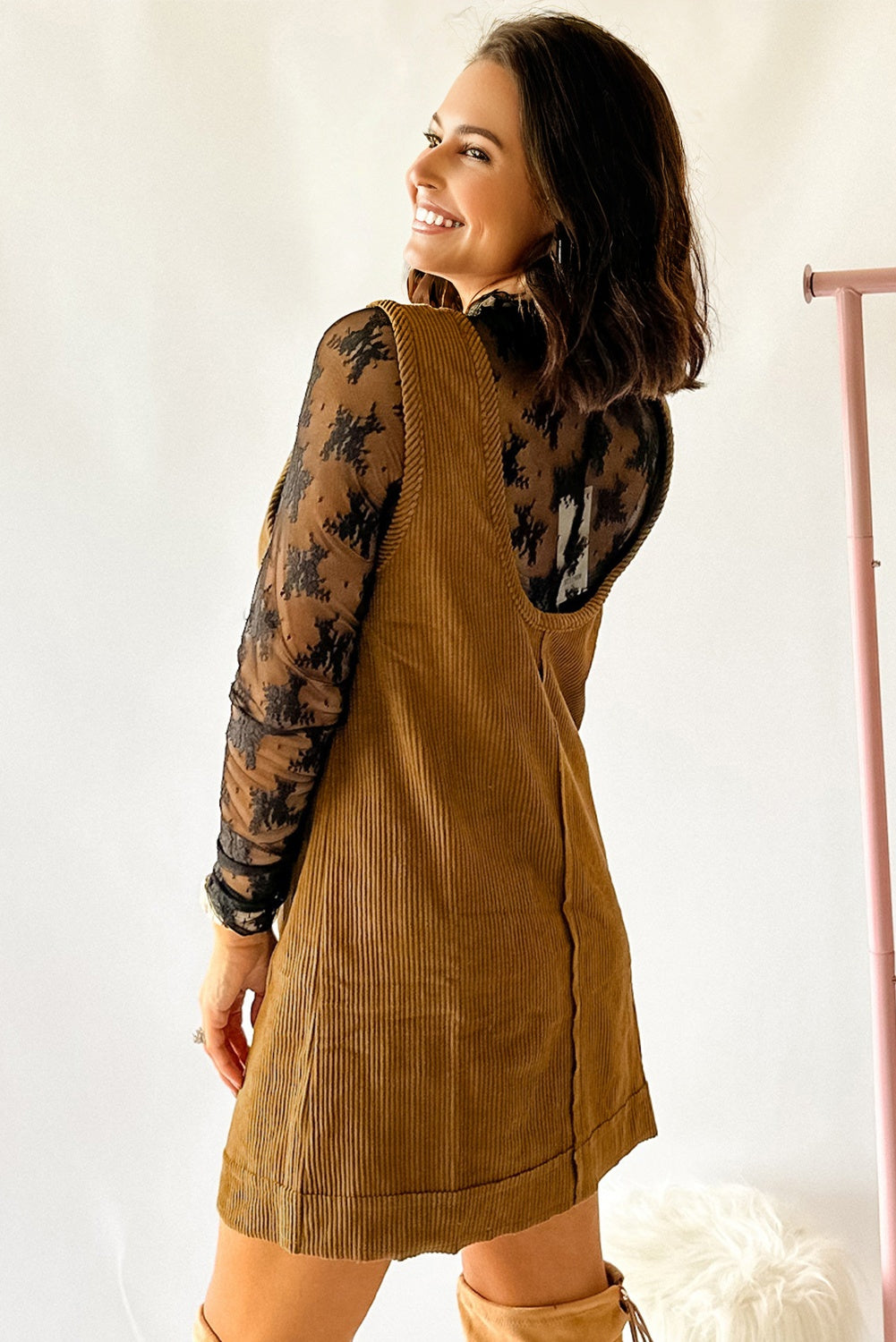 Beige Corduroy Pocketed Mini Dress
