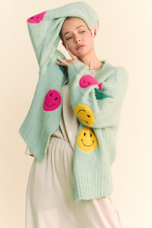 Hazel Blues® |  Davi & Dani Fuzzy Smile Open Front Long Sleeve Cardigan